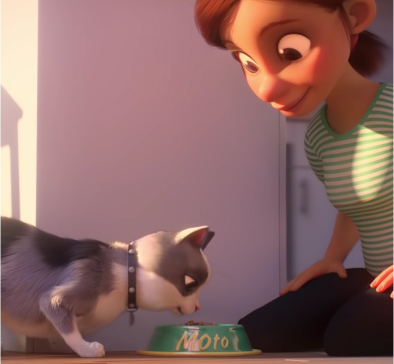 Une femme portant un chandail vert rayé nourrit son chat